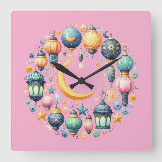 Relógio Quadrado Wall Clock-Eid Mubarak Wreath Wall Clock (Frente)