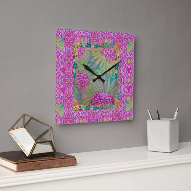 Relógio Quadrado Wall Clock - Vibrant Pink Flowers (Escritório)