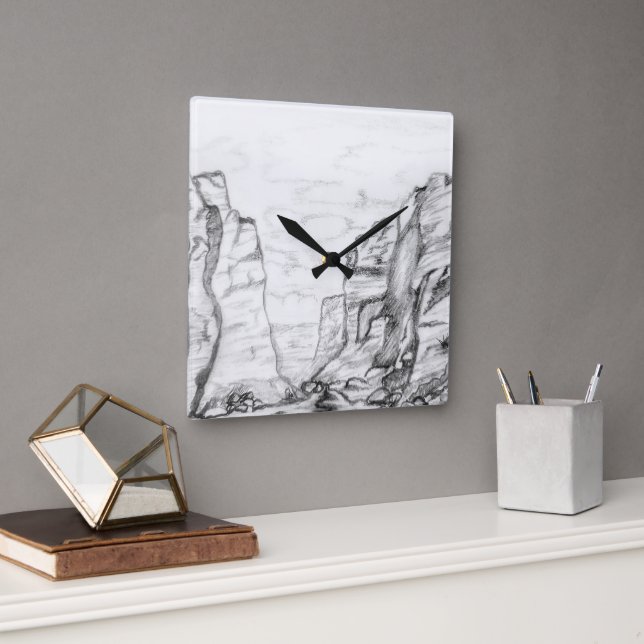 Relógio Quadrado Wall Clock with canyon sketched in black and white (Escritório)