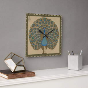 Relógio Quadrado Walter Crane Blue Peacock com a cauda