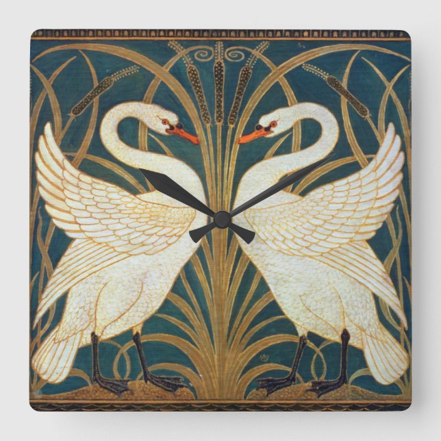 Relógio Quadrado Walter Crane Swan, Rush E Iris Art Nouveau (Frente)