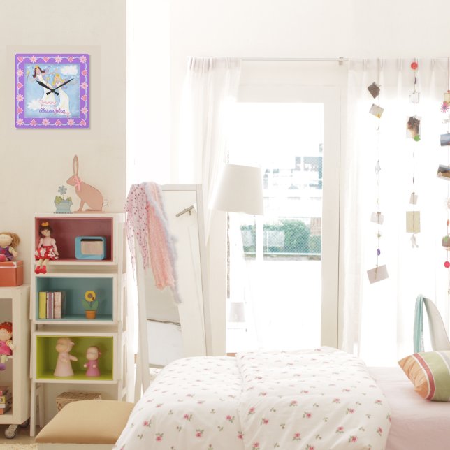 Relógio Quadrado Watercolor Fairies Lavender Girls (Criador carregado)