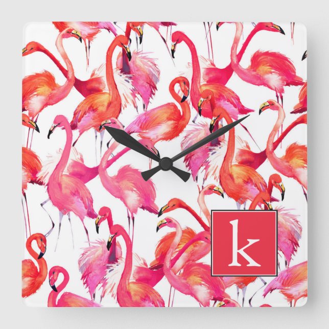 Relógio Quadrado Watercolor Flamingo Em Aquarelas | Adicione seu no (Frente)