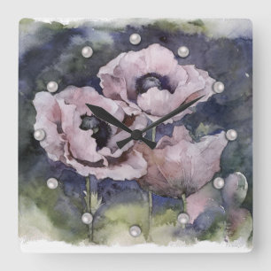 Relógio Quadrado Watercolor flowers pink poppy illustration flowers