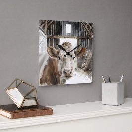 Relógio Quadrado Watercolor Hereford Cow Em Barn