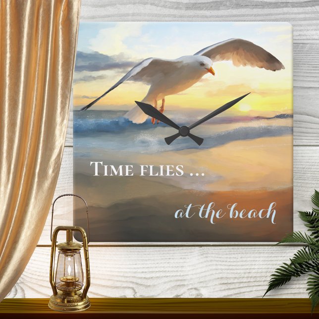Relógio Quadrado Watercolor Seagull Beach Sunset Wall Clock (Criador carregado)