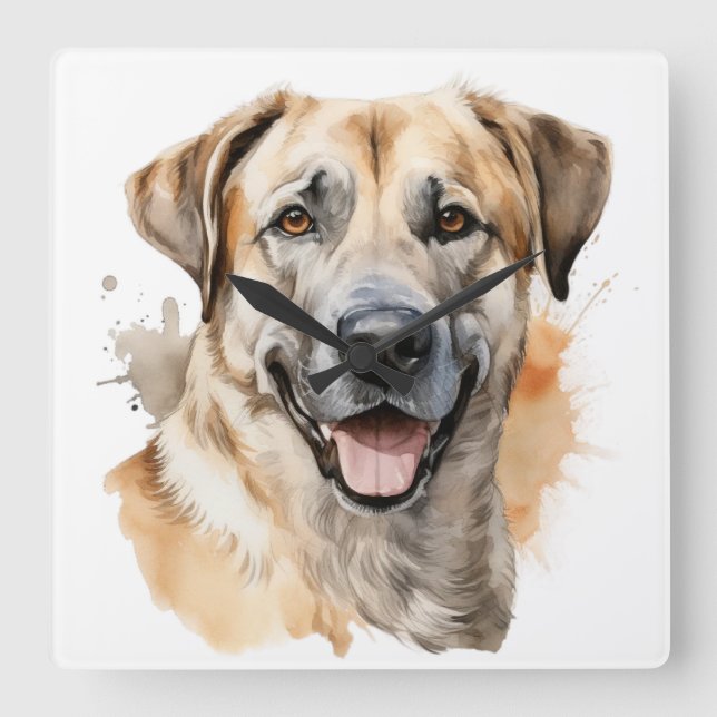RELÓGIO QUADRADO WATERCOLOR TAN ANATOLIAN SHEPHERD DOG (Frente)