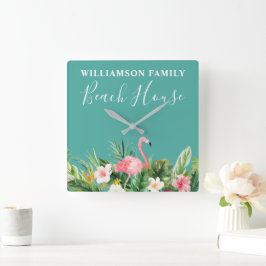 Relógio Quadrado Watercolor Tropical Floral Family Name Beach House