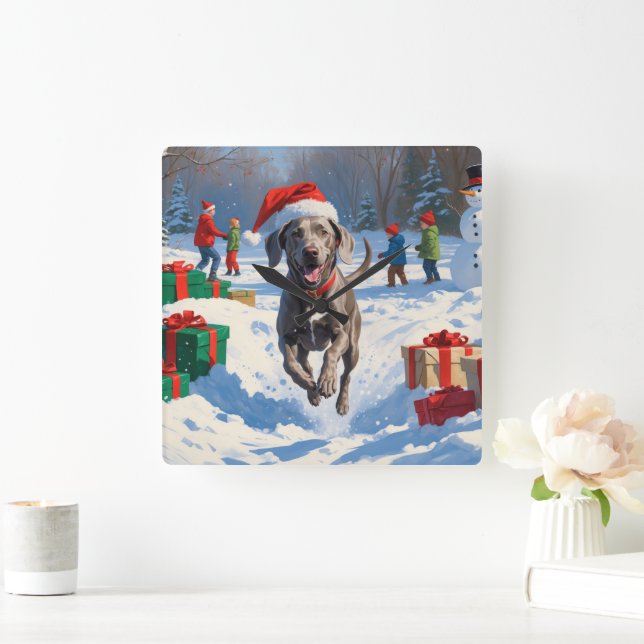 Relógio Quadrado Weimaraner Correndo na Neve com Chapéu de Natal (Lar)