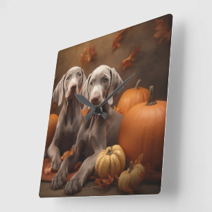Relógio Quadrado Weimaraner Puppy Autumn Delight Pumpkin