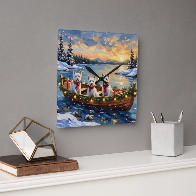 Relógio Quadrado West Highland White Terrier Christmas Boat Holiday (Escritório)