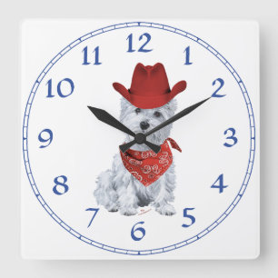 Relógio Quadrado Westie Cowboy de Vermelho