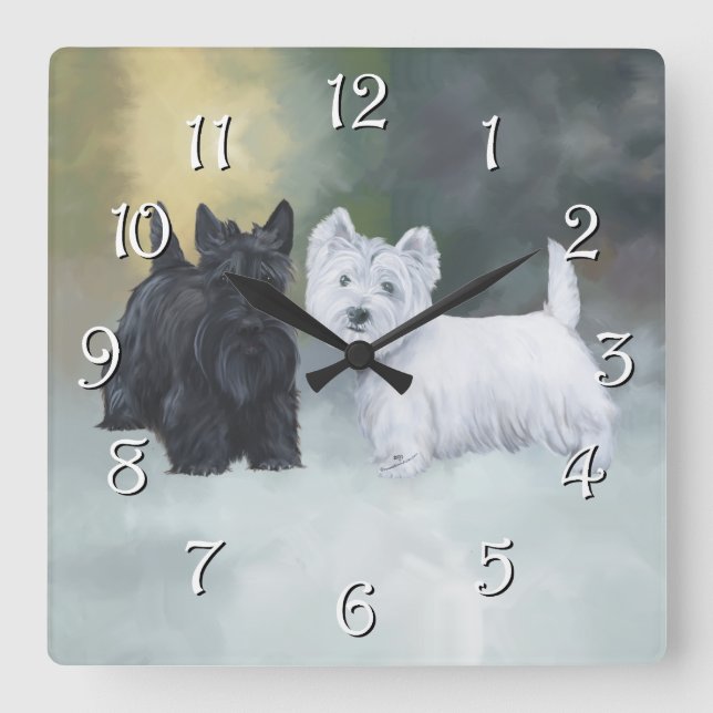 Relógio Quadrado Westie Scottie Inverno (Frente)