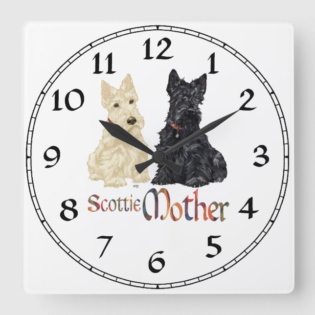 Relógio Quadrado Wheaten & Black Scottish Terriers Mãe (Frente)