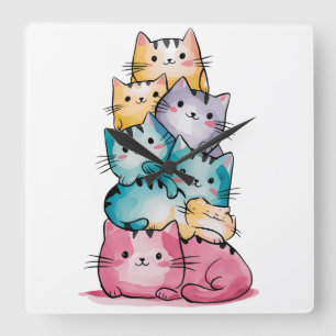 Relógio Quadrado Whimscolor Aquarela Gatos De Parede Moderna