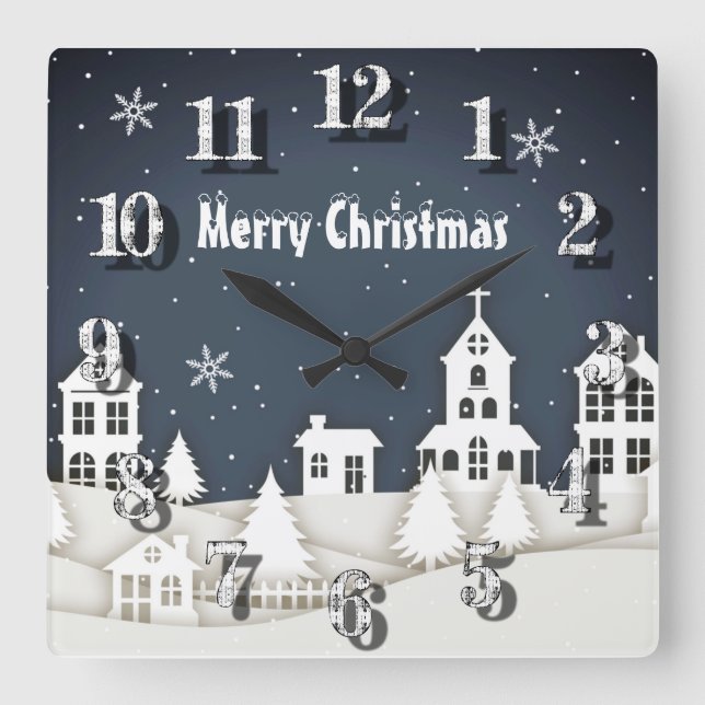 Relógio Quadrado Whimsic Magical Snow Xmas Chic Blue  (Frente)