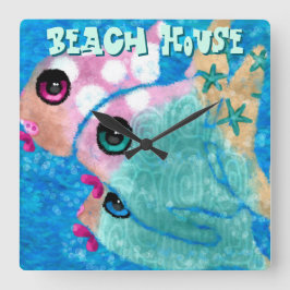 Relógio Quadrado Whimsical Abstract Fish Trio Blue Personalized