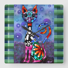 Relógio Quadrado Whimsical Big-Eyed Funky Abstract Kitty Cat