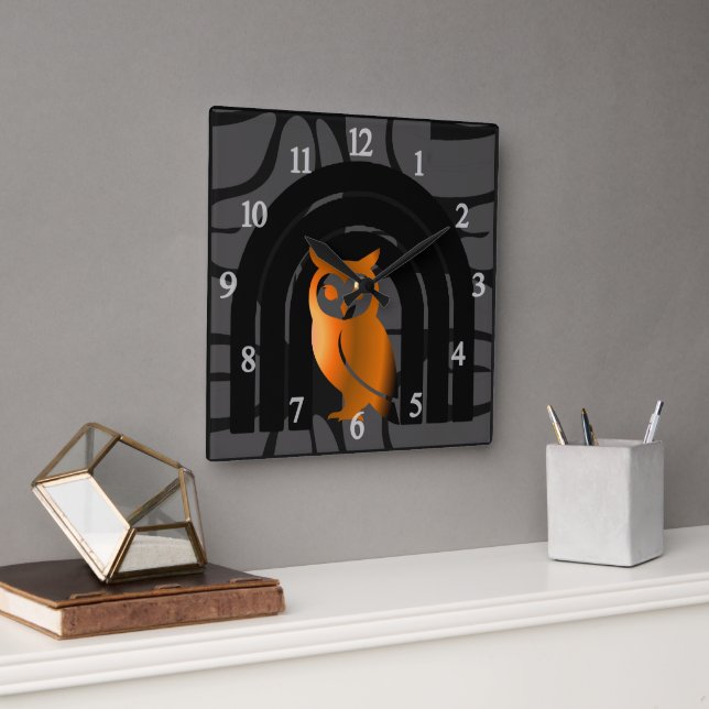 Relógio Quadrado Whimsical Boho Owl & Tropical Monstera Leaf (Escritório)