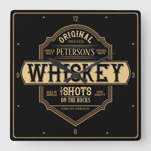 Relógio Quadrado Whiskey personalizado no Bar do rótulo do líquido  (Frente)