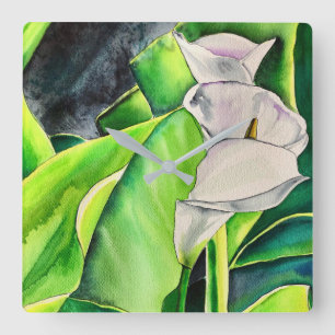 Relógio Quadrado White Arum Lily Watercolor, floral tropical