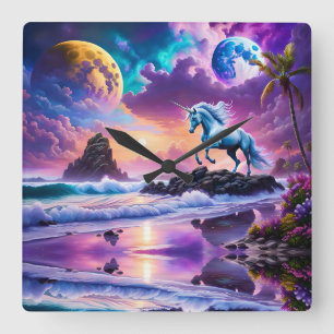 Relógio Quadrado White Unicorn Fantasy Tropical Beach
