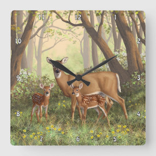 Relógio Quadrado Whitetail Deer e Cute Twin Fawns em Primavera