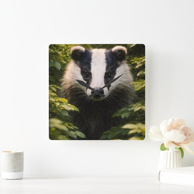 Relógio Quadrado Wild watcher, Majestic British badger Square wall  (Lar)