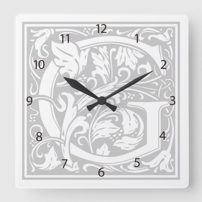 Relógio Quadrado William Morris Alphabet "G" Square Wall Clock (Frente)