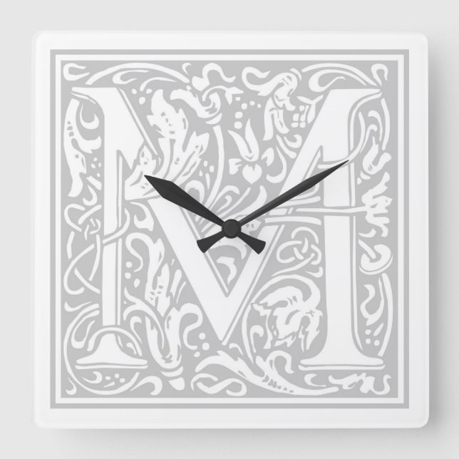 Relógio Quadrado William Morris Alphabet "M" Square Wall Clock (Frente)
