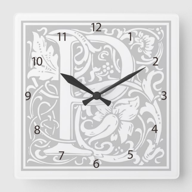 Relógio Quadrado William Morris Alphabet "P" Square Wall Clock (Frente)