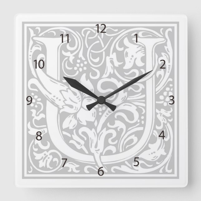 Relógio Quadrado William Morris Alphabet "U" Square Wall Clock (Frente)