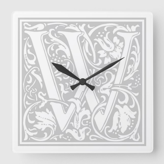 Relógio Quadrado William Morris Alphabet "W" Square Wall Clock (Frente)