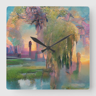 Relógio Quadrado Willow e wisteria pela lagoa no pôr do sol