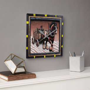 Relógio Quadrado Winter Haul: Personalizável Charred Wood Clydesdal