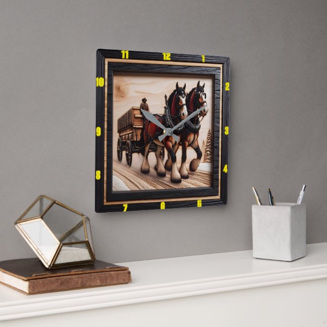 Relógio Quadrado Winter Ride Bespoke Charred Wood Clydesdale (Escritório)