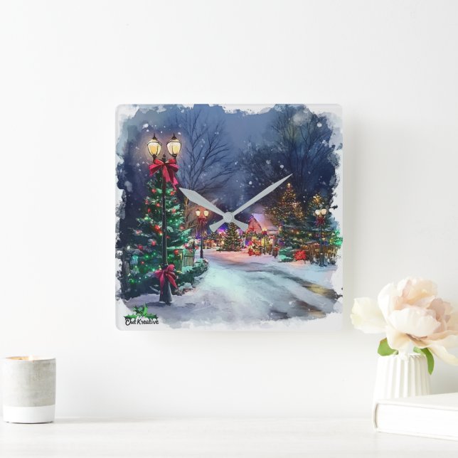 Relógio Quadrado Winter Wonderland Christmas Village Wall Clock  (Lar)