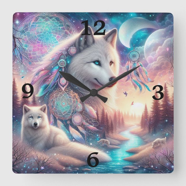 Relógio Quadrado Wolf e Dreamcatchers do Estilo Boêmico (Frente)