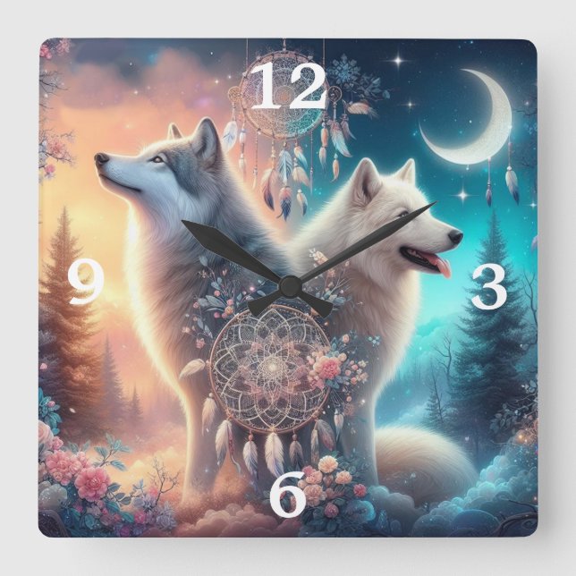 Relógio Quadrado Wolf e Dreamcatchers do Estilo Boêmico (Frente)