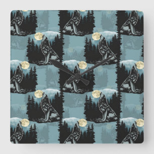 Relógio Quadrado Wolf Howling Na Moon Pattern Design