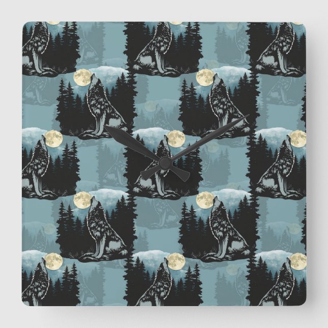 Relógio Quadrado Wolf Howling Na Moon Pattern Design (Frente)