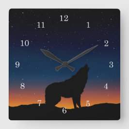 Relógio Quadrado Wolf Howling Silhouette no Sunset Wall Clock