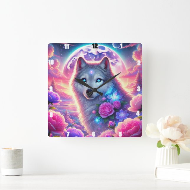 Relógio Quadrado Wolf Neon Moon Vibrante e Flor Mística (Lar)