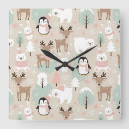 Relógio Quadrado Woodland Whimsical Forest Animals Winter