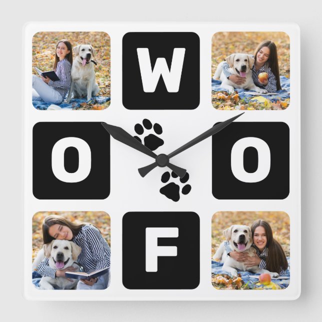 Relógio Quadrado Woof Paw Imprime Pet Dog Lover Photo Square Wall C (Frente)