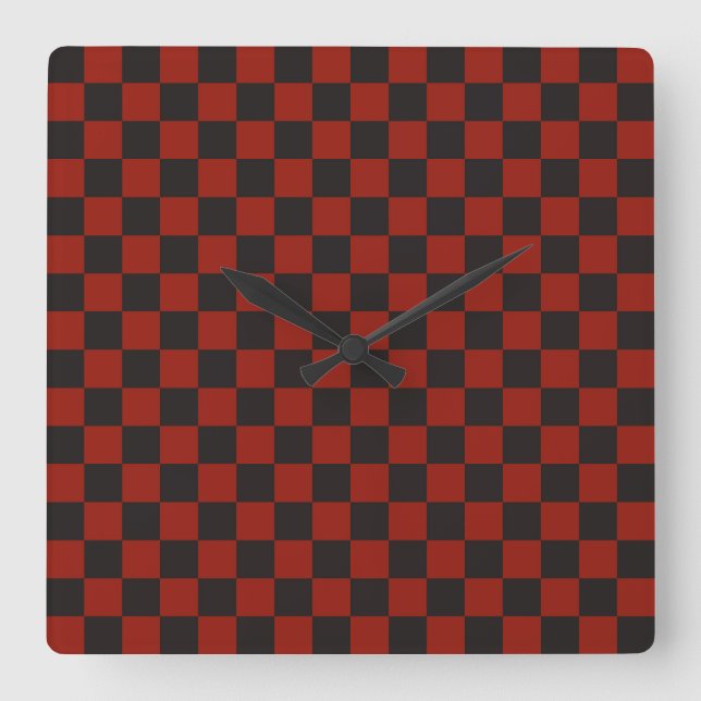 Relógio Quadrado Xadrez preto e vermelho profundo (Frente)