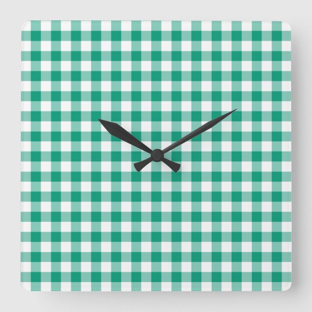 Relógio Quadrado Xadrez Verde Esmeralda e Branco Gingham (Frente)