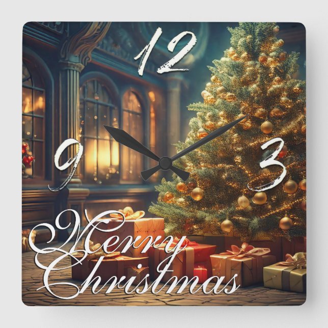 Relógio Quadrado Xmas Motif com presentes na árvore de Natal (Frente)