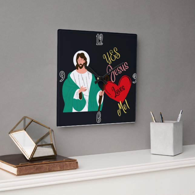 Relógio Quadrado "Yes, Jesus Loves Me!" Black Square Wall Clock (Escritório)