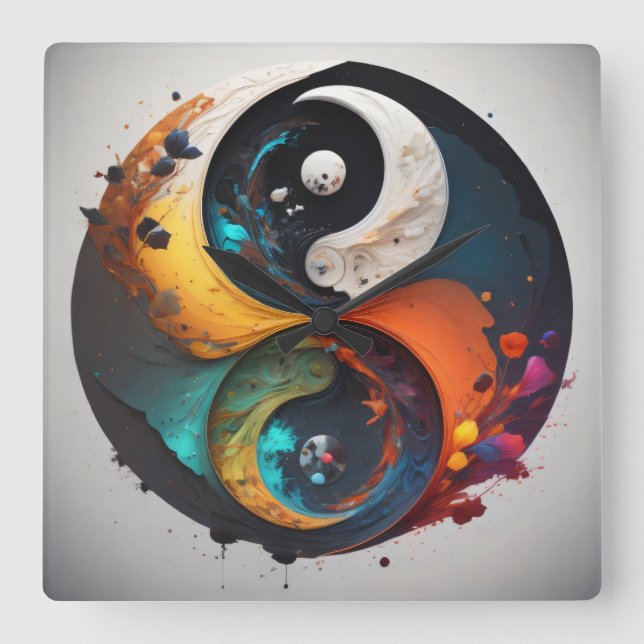 Relógio Quadrado Yin Yang Colorido (Frente)